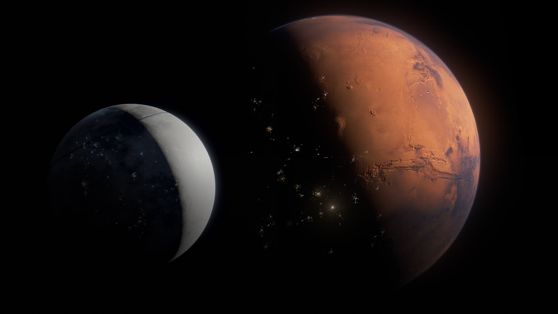 Mars and the Moon shown against black space.